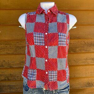 Vintage Cabin Creek Red White & Blue Patchwork Button Down Tank Top Women's Shir